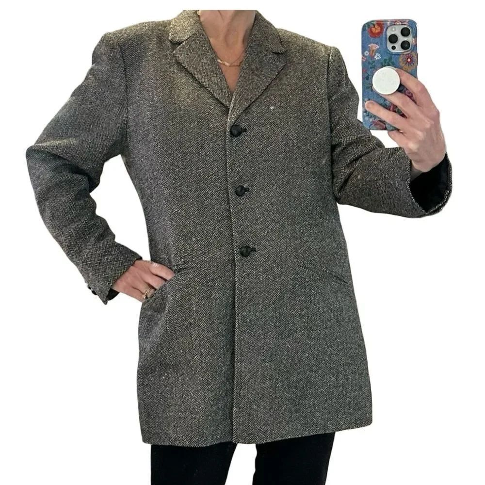 NORDSTROM Tweed Gray BlackβWhite Wool Silk Long Button Blazer Size 14